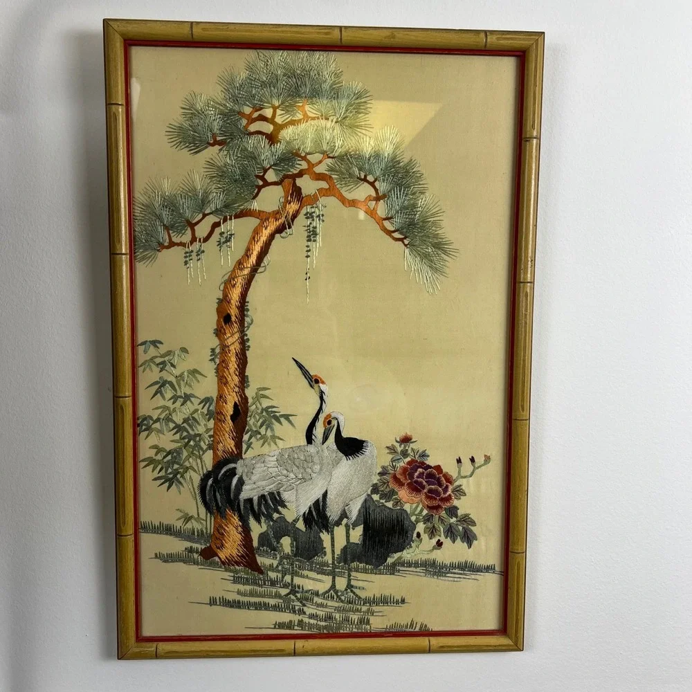 Vintage Chinese Silk Hand Embroidered Crane Pine Tree Framed Art 14x21 Excellent